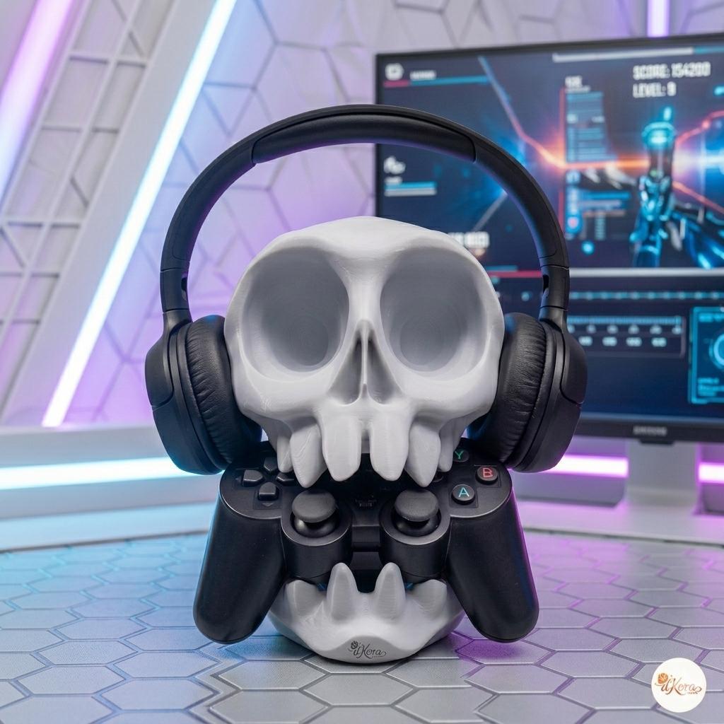 Suporte Gamer Skull Caveira Organizador de Headset e Controle xbox one x / s ps4 ps5 fone Design