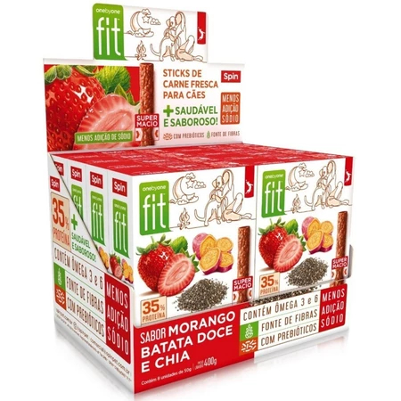 Produto Display Petiscos Para Cães Stick Fit Spin Pet - 50g - morango + batata doce+ chia 16un