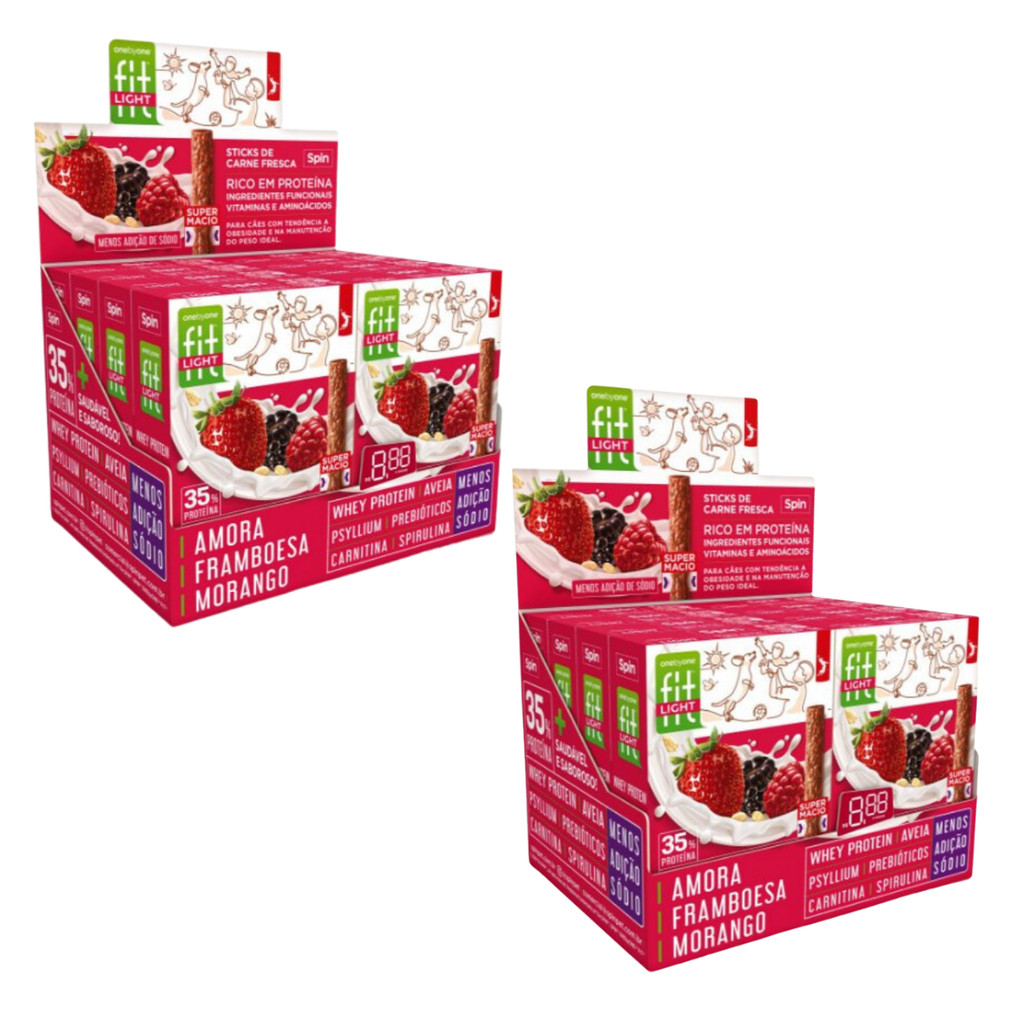 Kit 2 Displays Stick Fit Spin Pet 50g Amora Framboesa Morango Cães