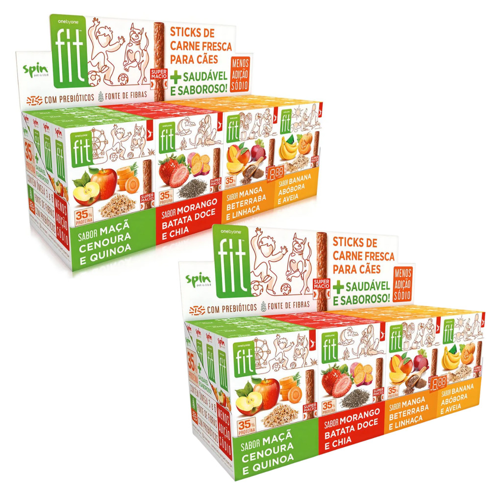 Kit 2 displays 4 Sabores Stick Fit Spin Pet Para Cães Maçã + Morango + Banana + Manga 50g 32un
