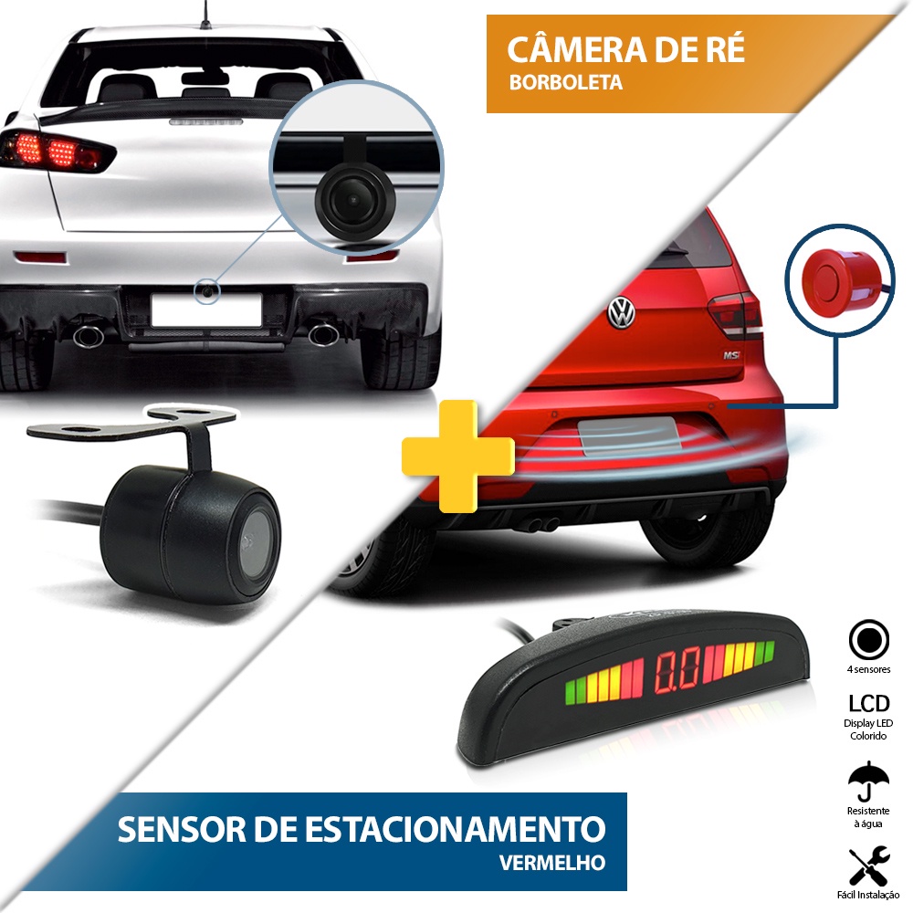 Kit Sensor de Ré Vermelho + Câmera de Ré Traseira Spin 2011 2012 2013 2014 Estacionamento Aviso Sonoro Display Medidor Distância