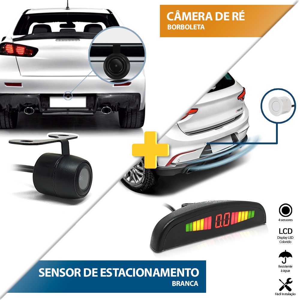 Kit Sensor de Ré Branco + Câmera de Ré Traseira Spin 2011 2012 2013 2014 Estacionamento Aviso Sonoro Display Medidor Distância