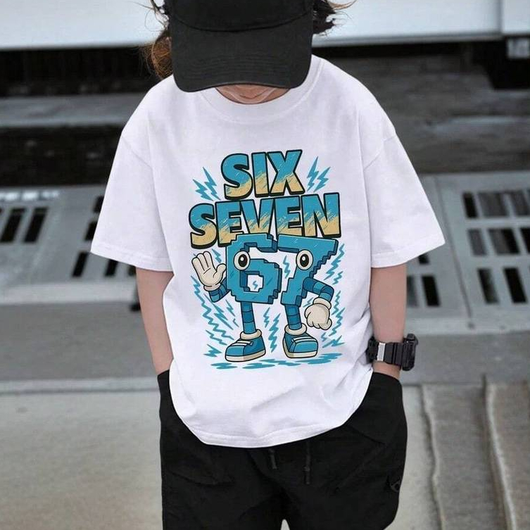 Camiseta Infantil Casual de Manga Curta com Gola Redonda e Estampada 67 six seven Pré-Adolescentes, Top de Verão