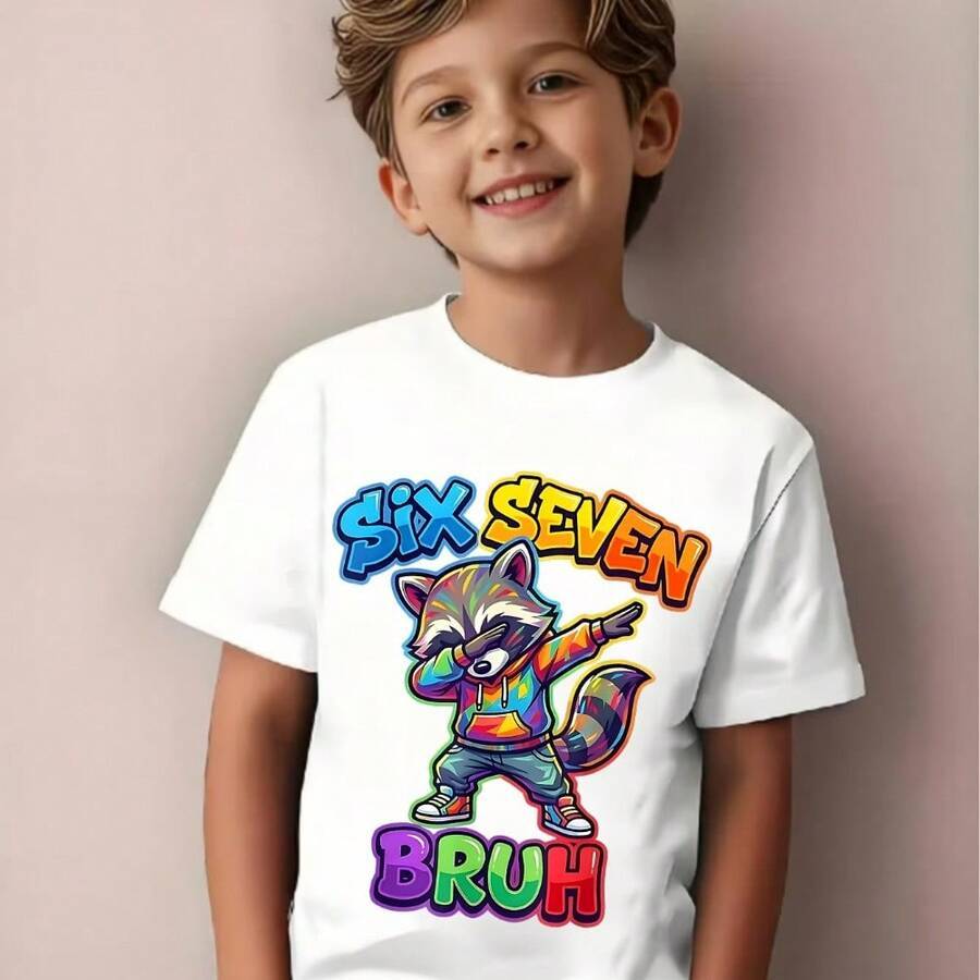 Camiseta Six seven Guaxininho Bruh Look moderno para Meninos