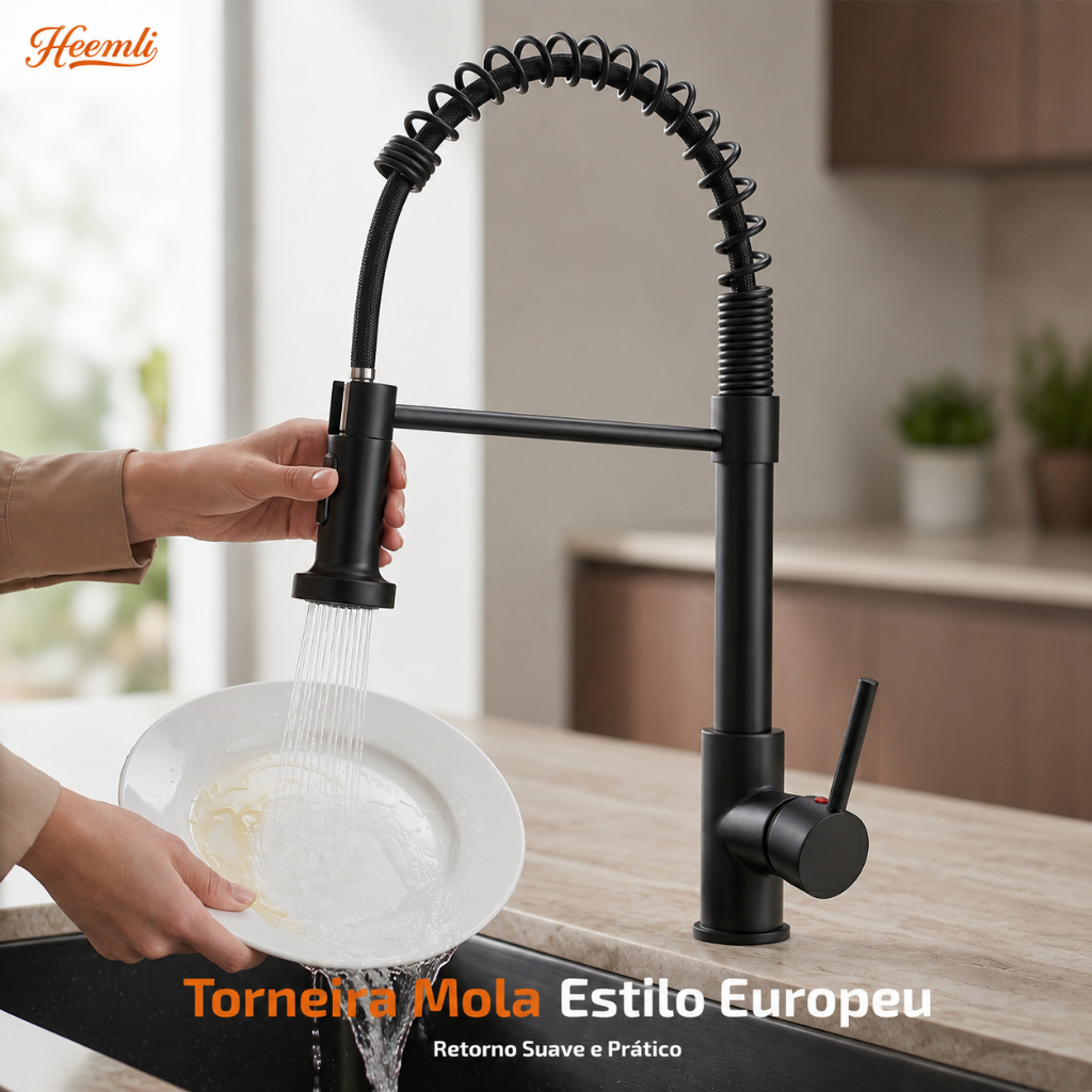 Heemli Torneira Gourmet para Cozinha Água Quente e Fria Ducha Multifuncional Aço Inox para Pia de Bancada