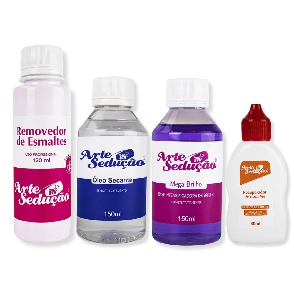 Kit Recuperador Esmalte + Removedor + Secante + Mega Brilho Manicure Nail Designer Unhas Cutículas
