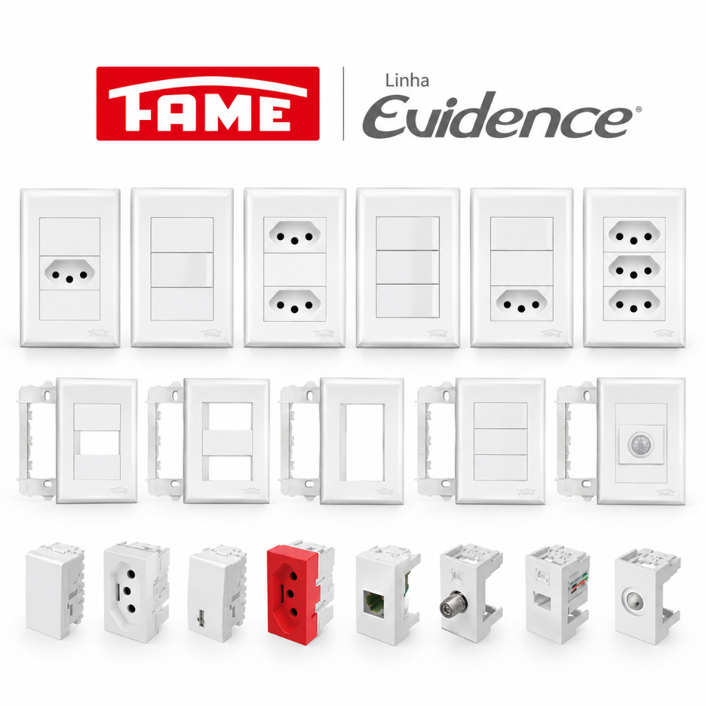 Tomadas 10A Teclas Placas e Interruptores Fame Evidence Cor Branca Conjunto Tomada 4x2 Simples ou Paralelo Escolha