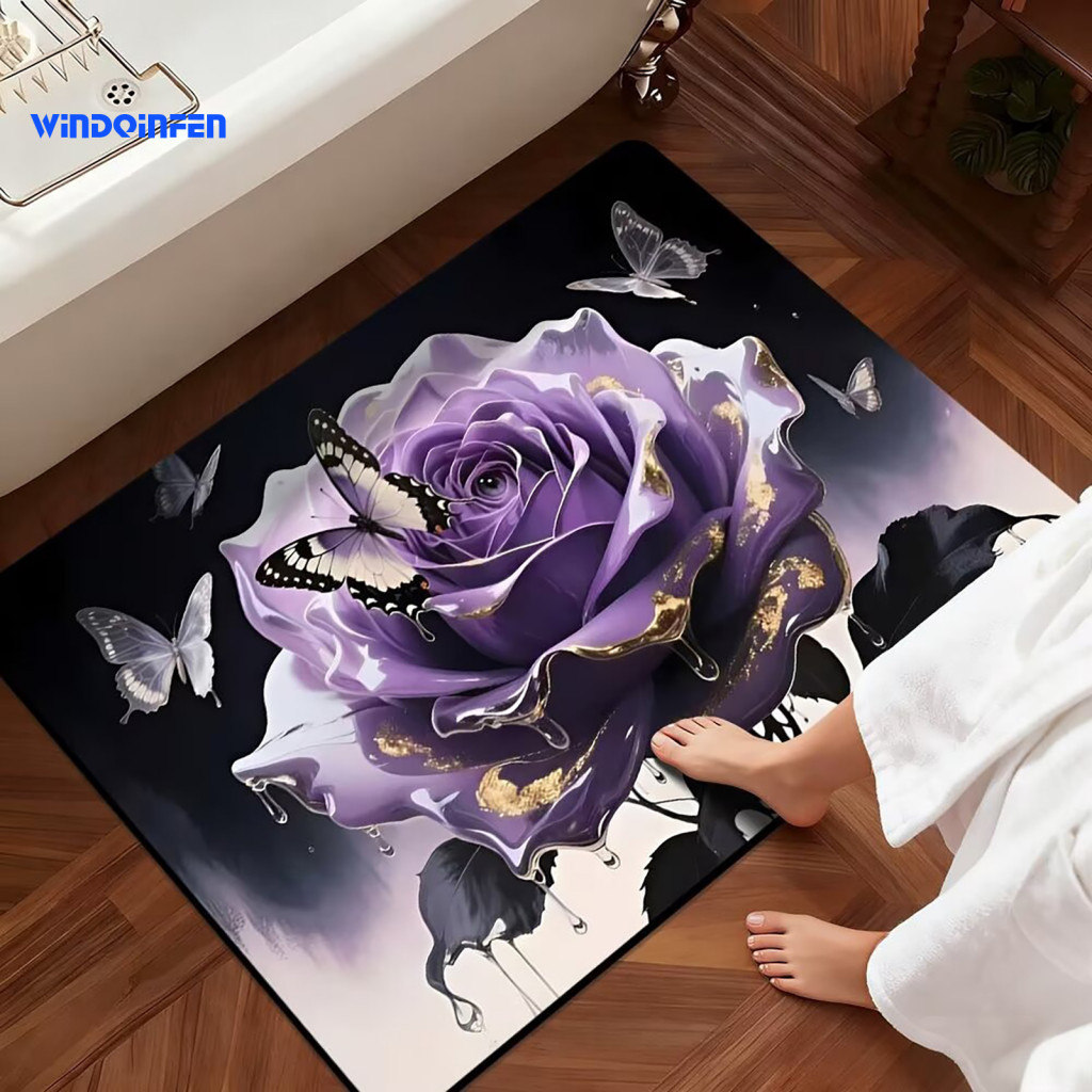 Non-slip Bath Rug Bathroom Floor Mat 3d Rose and Butterfly – Absorbent for Entrance Kitchen Bedroom Room Soft Decorati