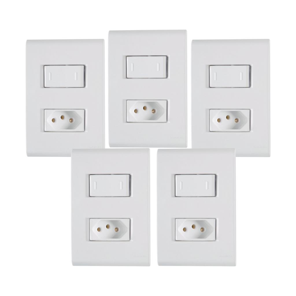 Kit 5 Interruptor Paralelo 1 Tecla com Tomada 10A ou 20A Tramontina Liz Branco