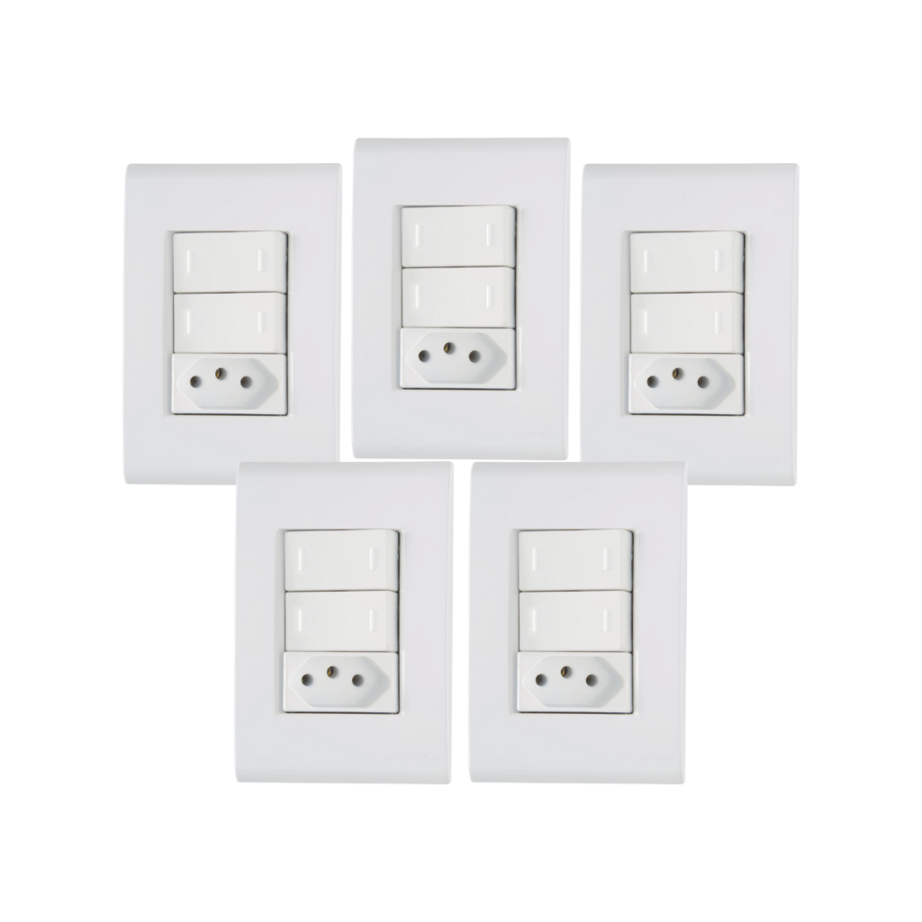 Kit 5 Interruptor Paralelo 2 Teclas com Tomada 10A ou 20A Tramontina Liz Branco