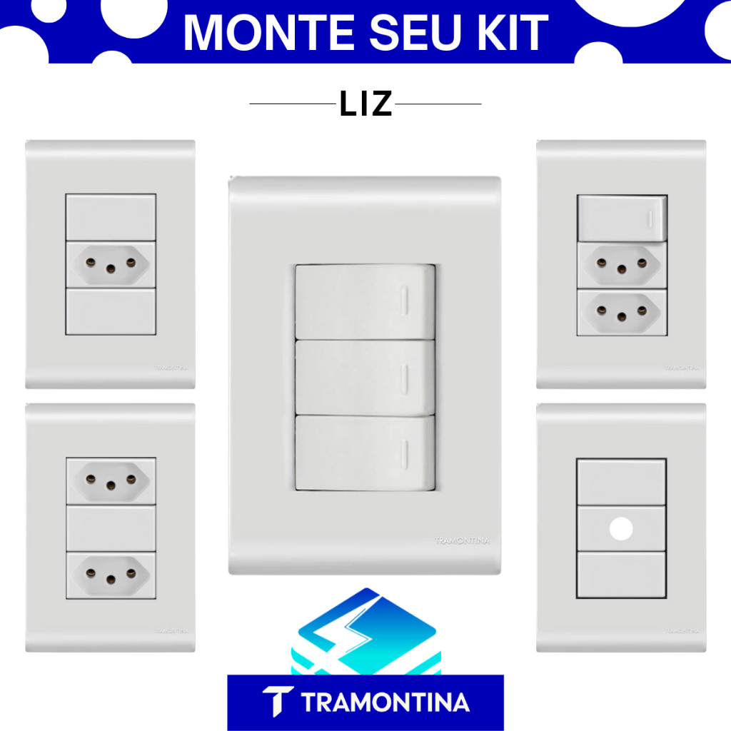 Conjunto Tomada e Interruptor Completo LIZ Tramontina Branco Tomadas 10A/20A Tecla Paralela/Simples 4x2 4x4