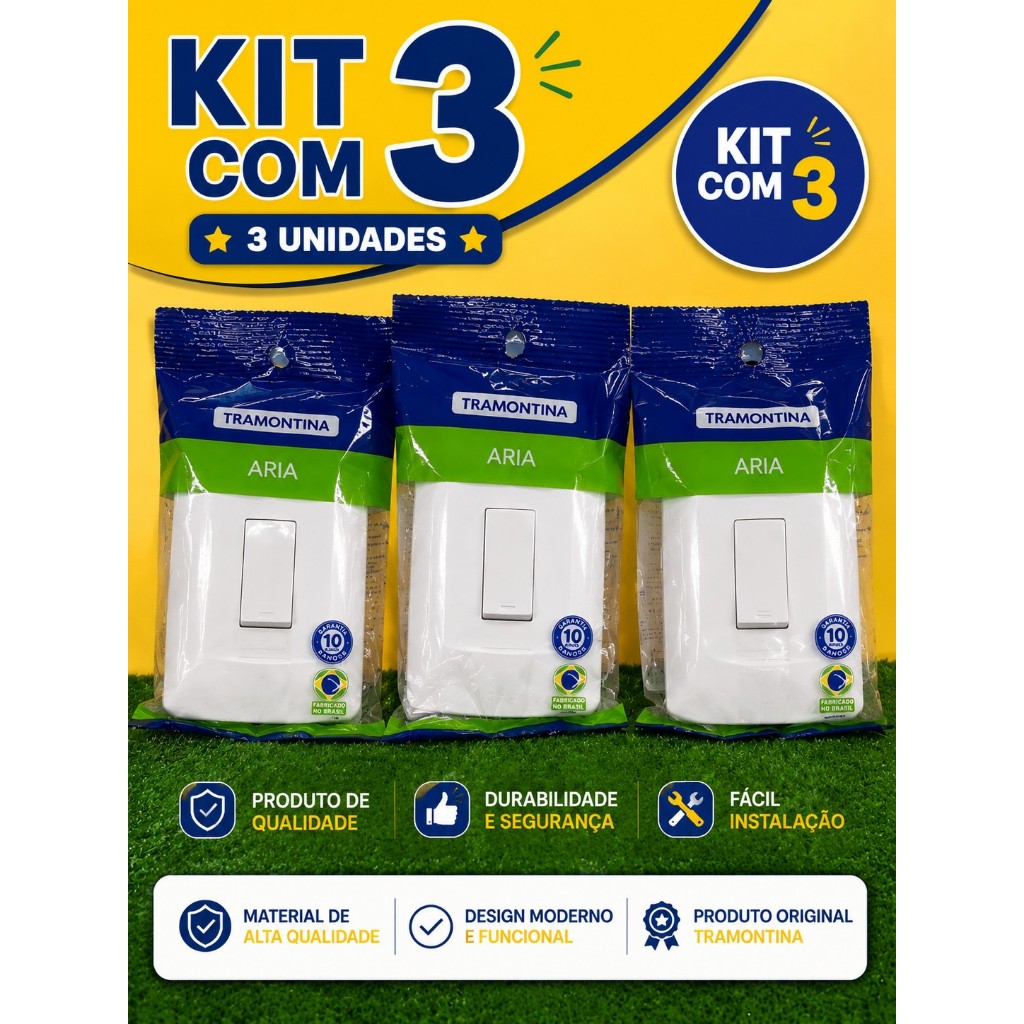Kit 3 Interruptor Paralelo Chave Hotel 1 Tecla Aria Tramontina 6A 250V