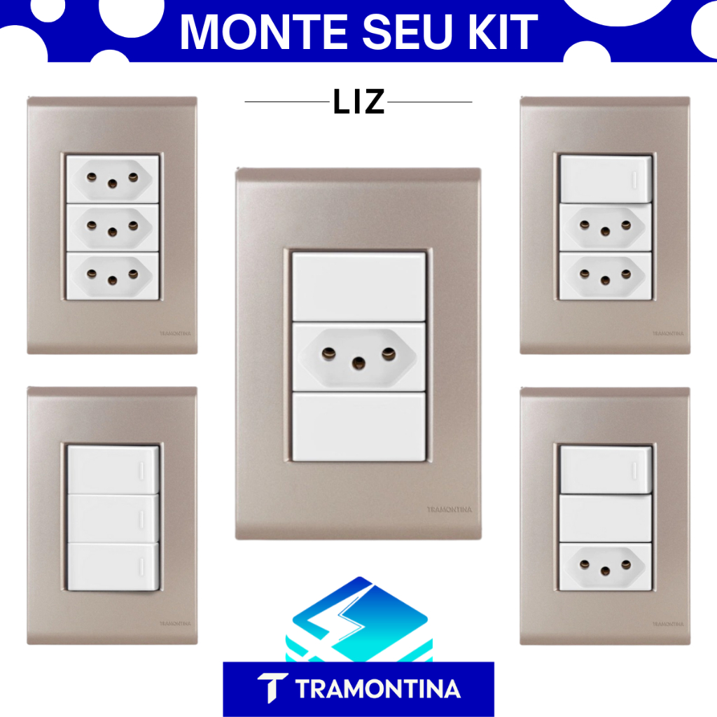 Conjunto Tomada Interruptor Ouro Velho c/ Branco LIZ Tramontina Dourada 20A Tecla Simples e Paralelo