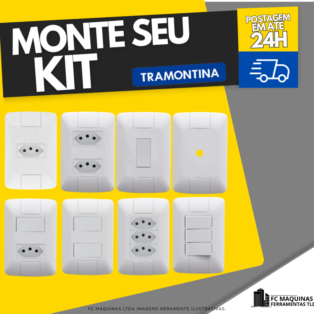 Tomadas 10A 20a Teclas Placas 4x2 e 4x4 Interruptores Tramontina Linha Aria Simples/Paralelo Modulo