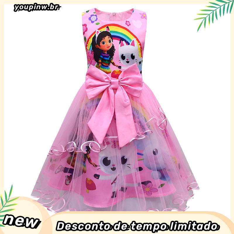 Vestido Para Meninas Gabby's Dollhouse Summer Cotton Cartoon Cute Print Tulle Hem Kids
