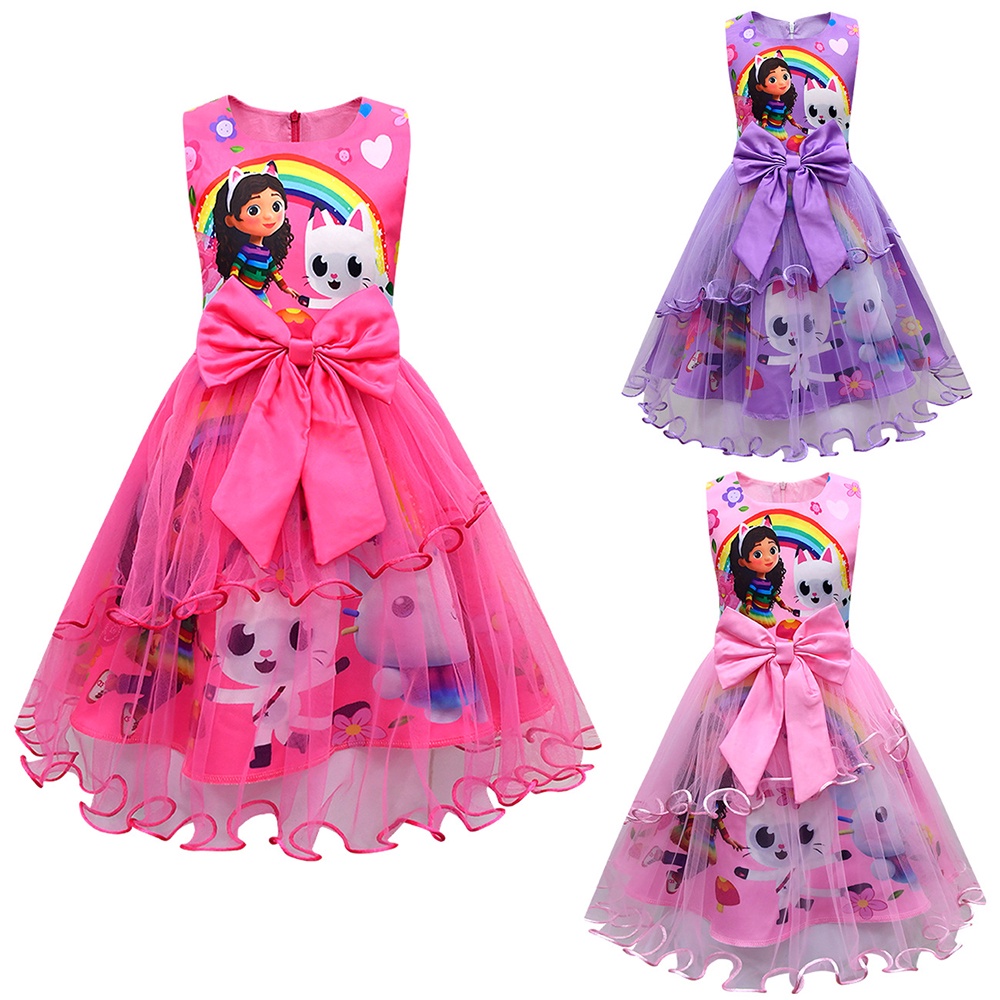 Vestido Para Meninas Gabby's Dollhouse Summer Cotton Cartoon Cute Print Tulle Hem Kids
