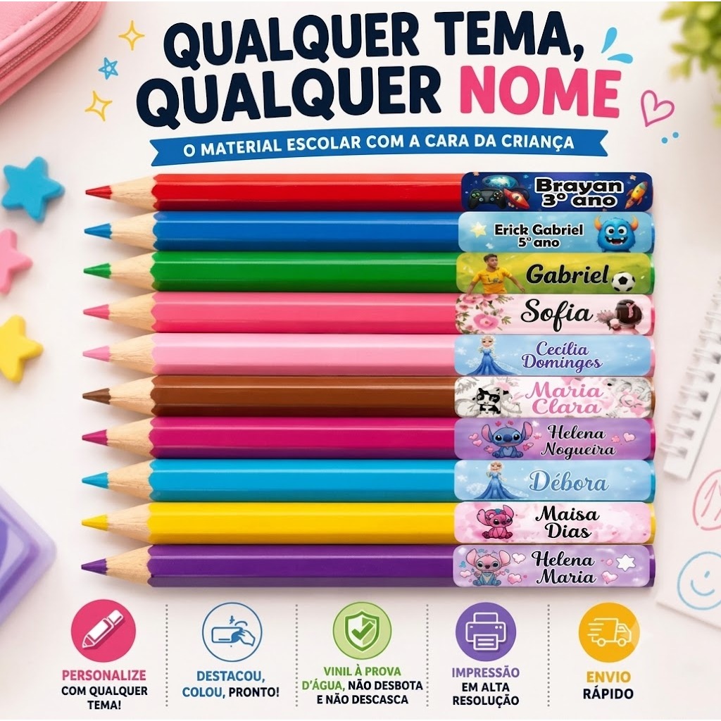 🏷️ 100 MINI ETIQUETAS ADESIVAS ESCOLARES 4x2cm – IDEAL PARA LÁPIS, CANETINHAS E PEQUENOS MATERIAIS