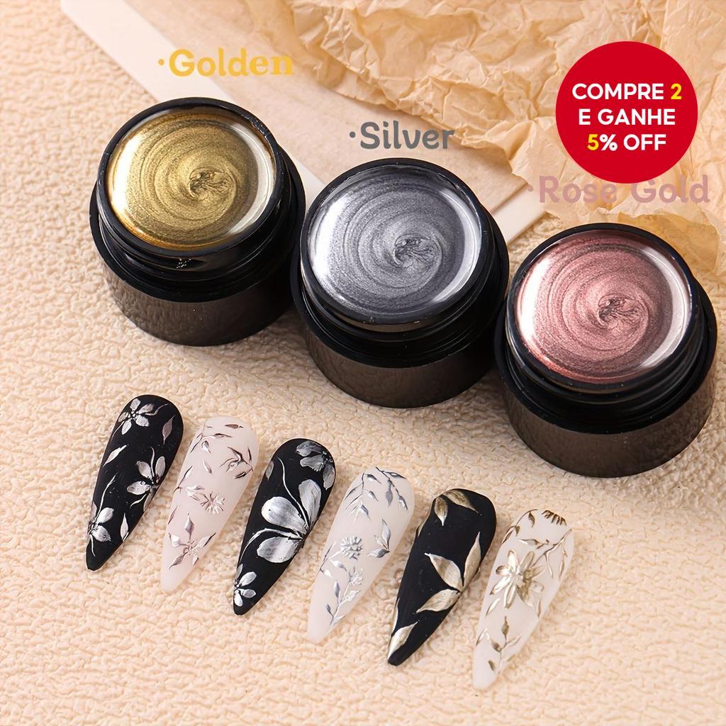 Conjunto Com 3 Esmaltes Metálicos Em Acabamento Espelhado: Dourado, Prateado E Rosé, Removíveis Com UV/LED