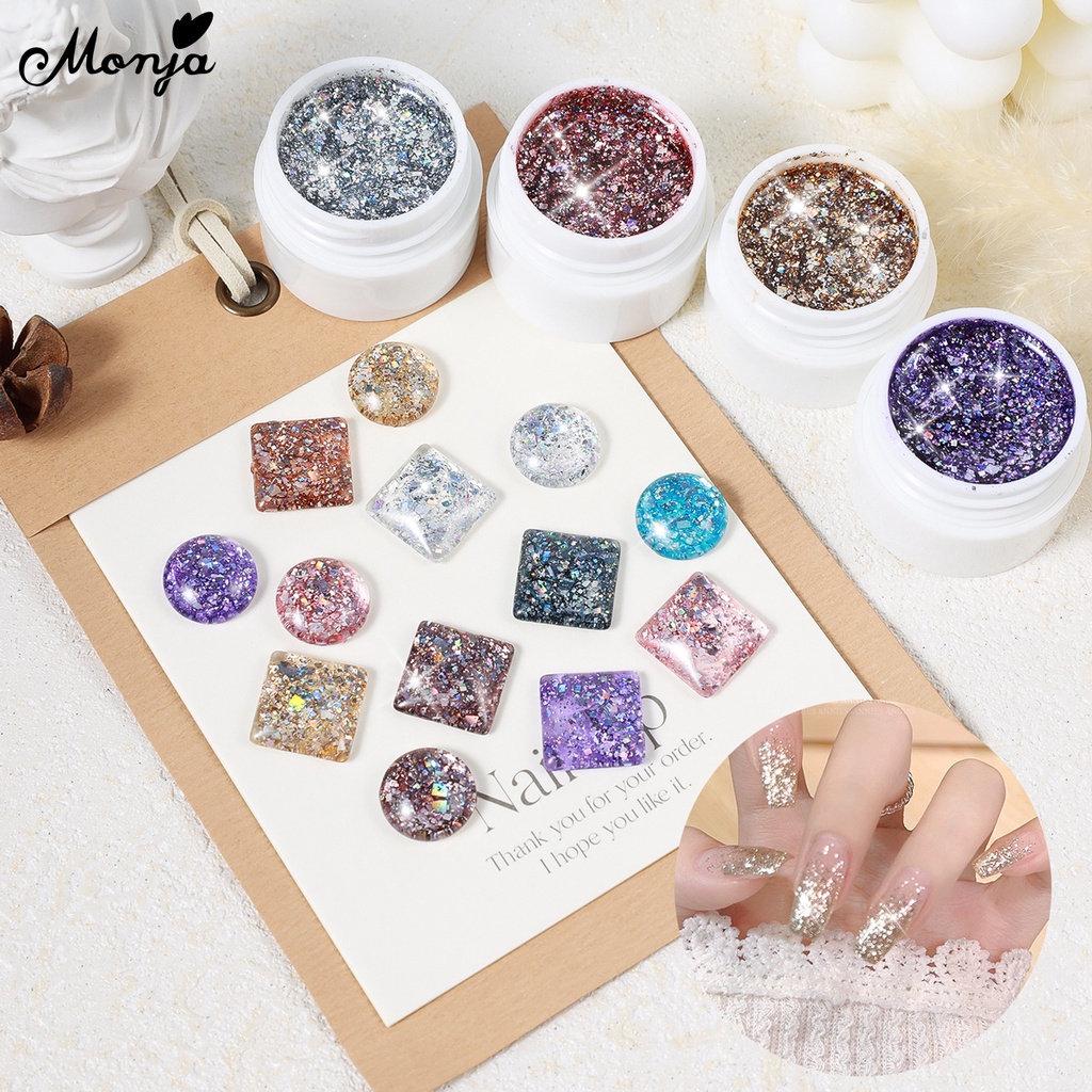 Monja Gel de Glitter para Unhas 5ml - Lantejoulas Disco Brilhante, Verniz UV LED para Manicure DIY.