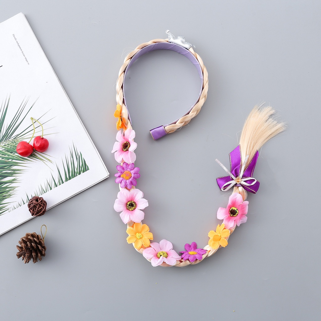 Cute Girls Flower Weaving Braid Headband Princess Dress Up Artificial Wig Kids Birthday Halloween Headwear