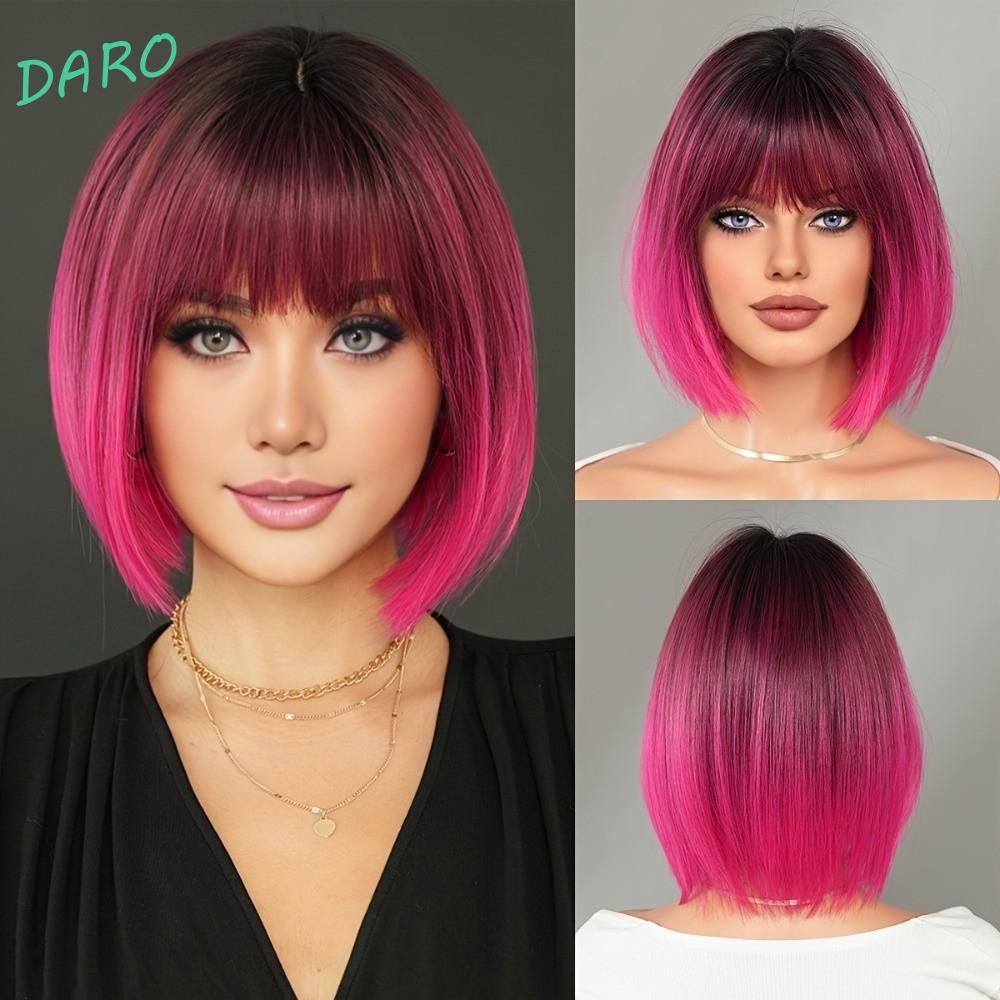 DARO Halloween Dress Up Perucas , Com Raízes Escuras Curtas Retas Rosa Bob De 14 Polegadas , Extensões De Cabelo