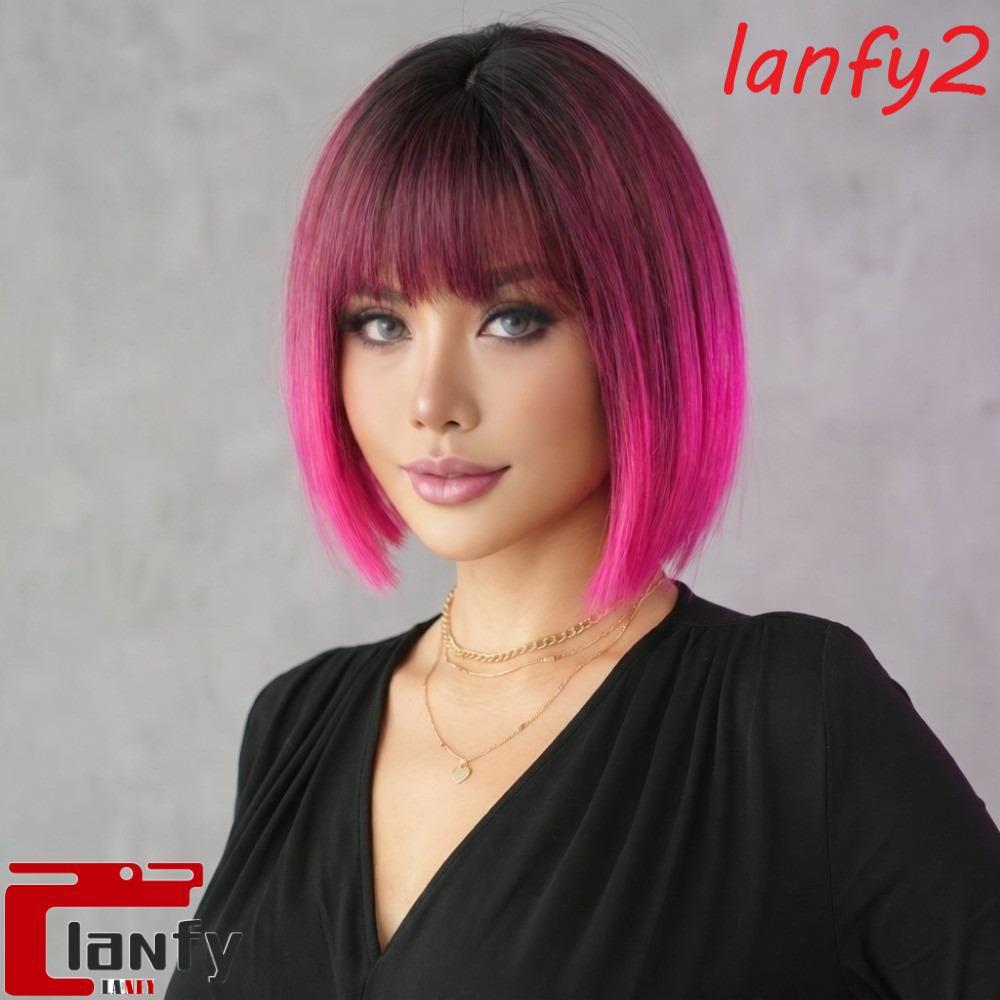 LANFY Halloween Dress Up Perucas , Com Raízes Escuras Curtas Retas Rosa Bob De 14 Polegadas , Sintéticas