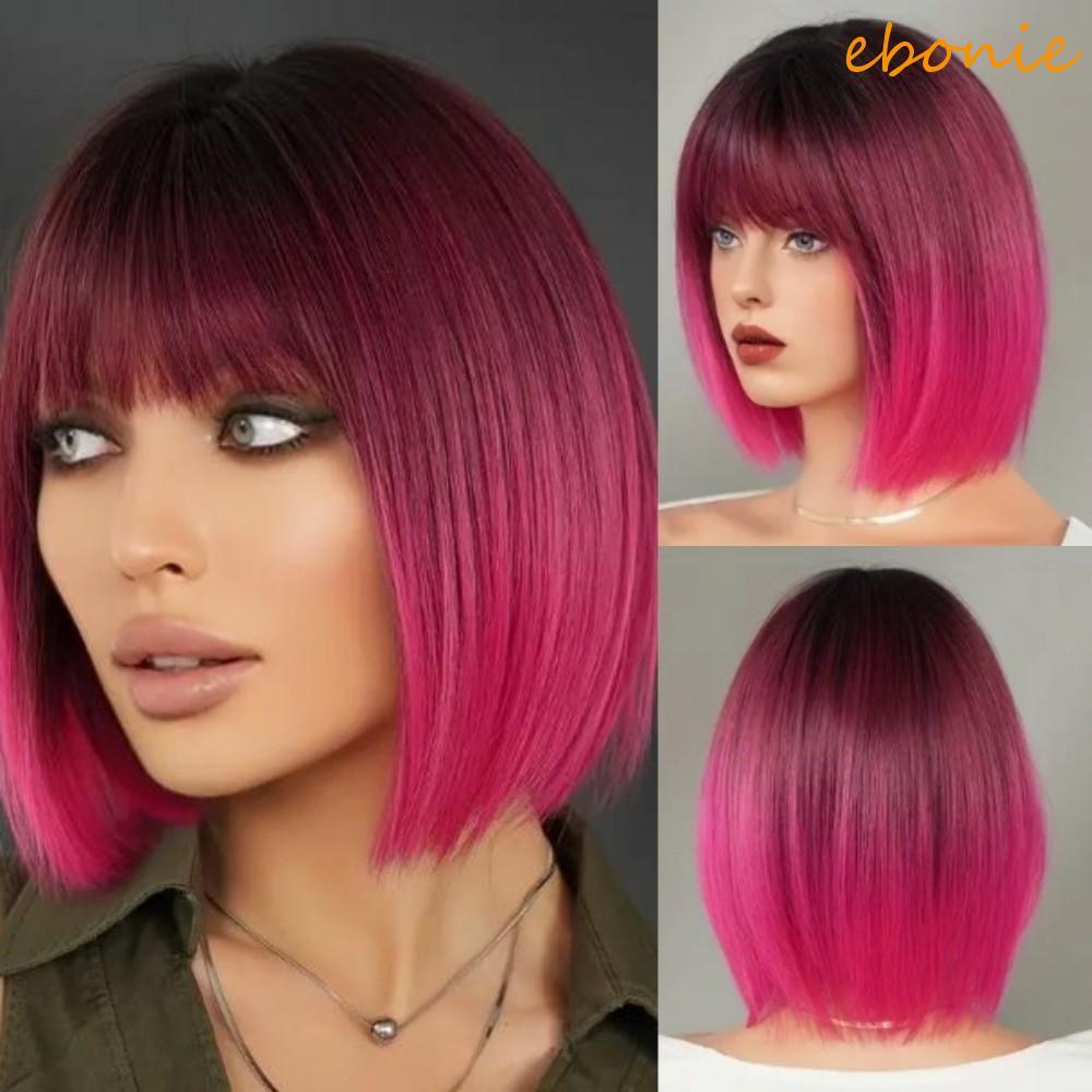 Perucas EBONIE Halloween Dress Up , Com Raízes Escuras Curtas Retas Rosa Bob De 14 Polegadas , Fofas