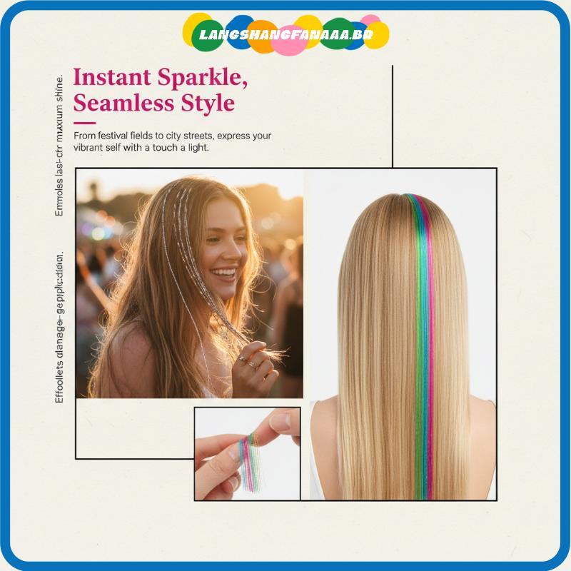 [LANGA] Tinsel De Cabelo Brilhante Sem Danos Ao 90 Cm Extensões Com Glitter Colorido Para Festival De Música Dress Up BR
