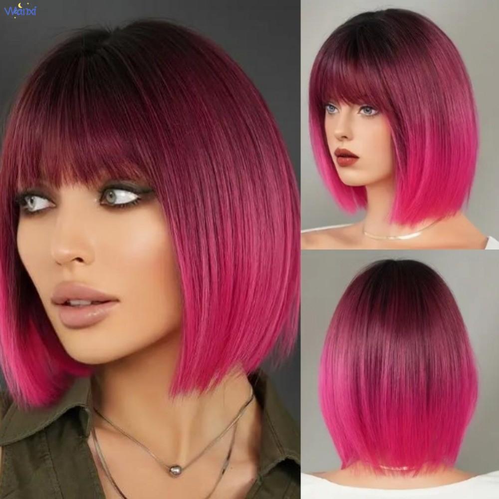 WANXI Halloween Dress Up Perucas , Sintéticas Curtas Retas Rosa Bob Fofas Ombre Vermelha