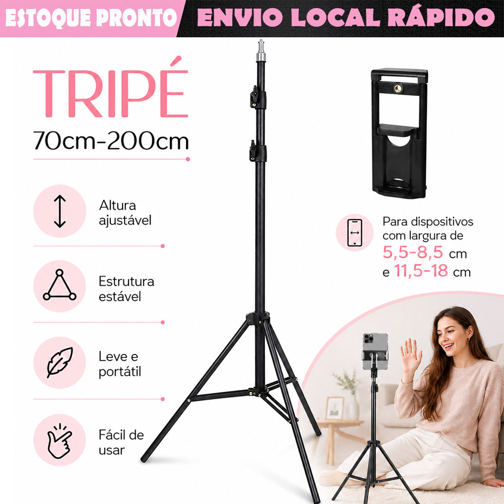 Tripé de Chão Portátil para Tablet e Celular, Ajuste 70-200cm para Home Office, Aula e Videochamada Fácil