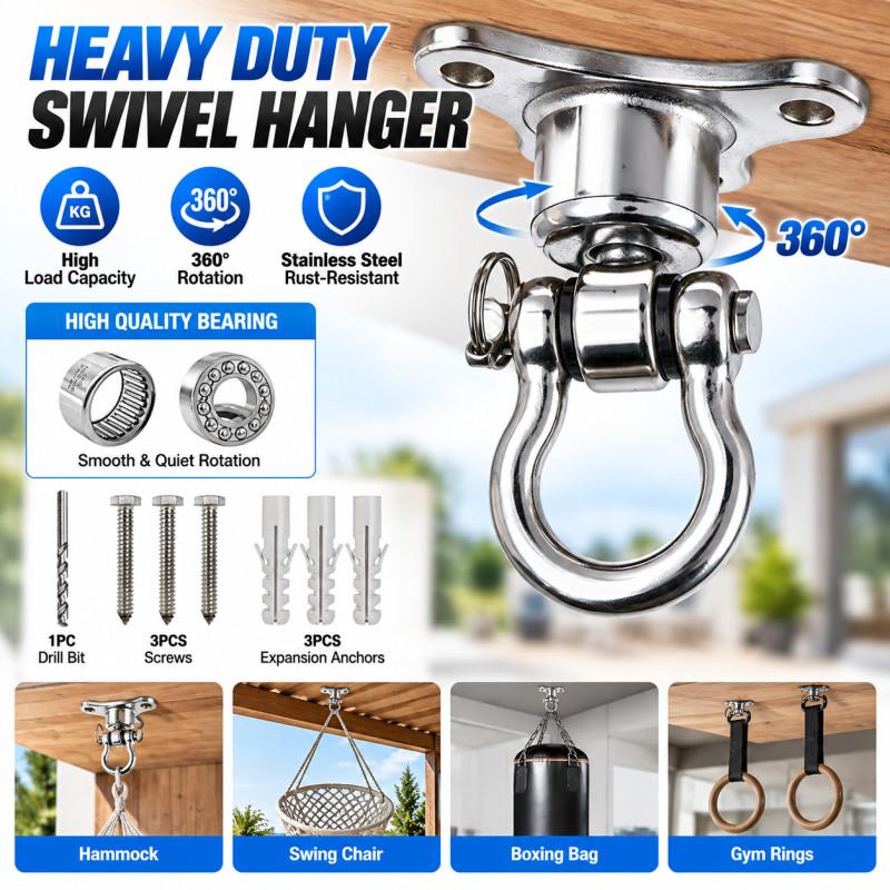 Stainless Steel Heavy Duty 360° Swivel Eye Hook for Hammock Yoga Hanging Fixing