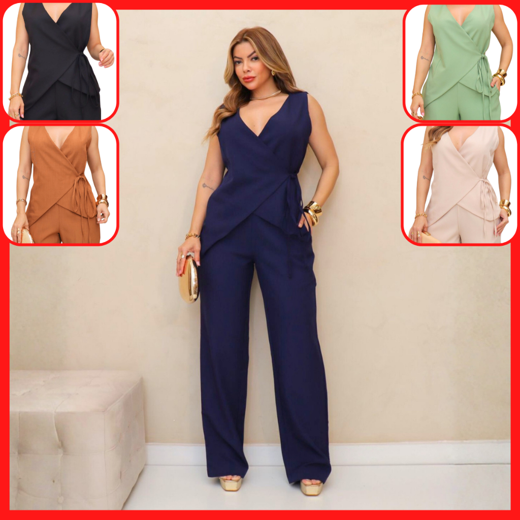 Conjunto Feminino Calça Pantalona e Blusa Transpassada Acinturada Linho Alfaiataria Premium de Luxo