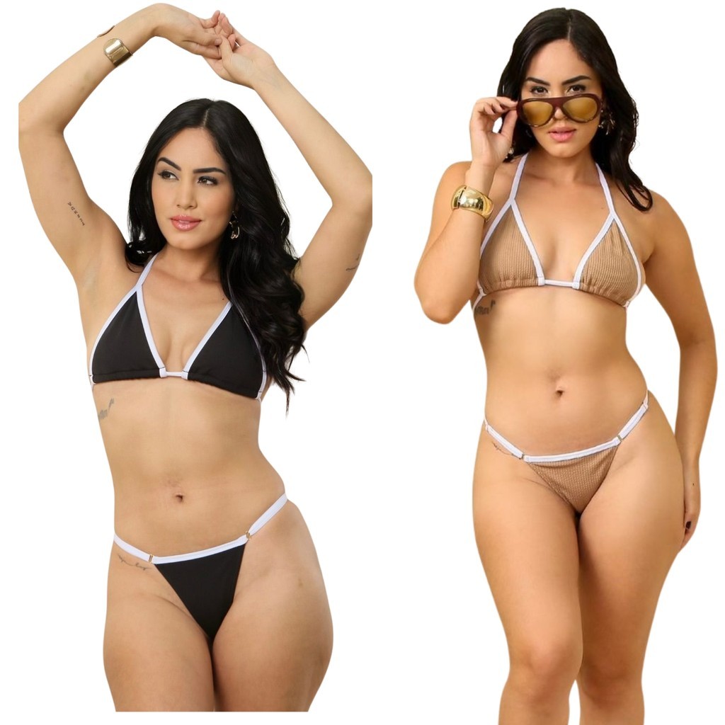 Biquíni feminino fita cortininha tendência verão com regulagem premium bicolor