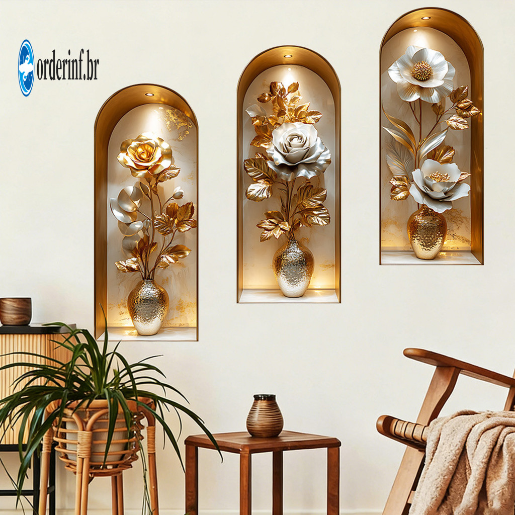 Removable Wall Decal 3 Pcs 3d Floral Vase Stickers Vintage Flower Art Decals Self-adhesive Colorful Blossom Decor for Be