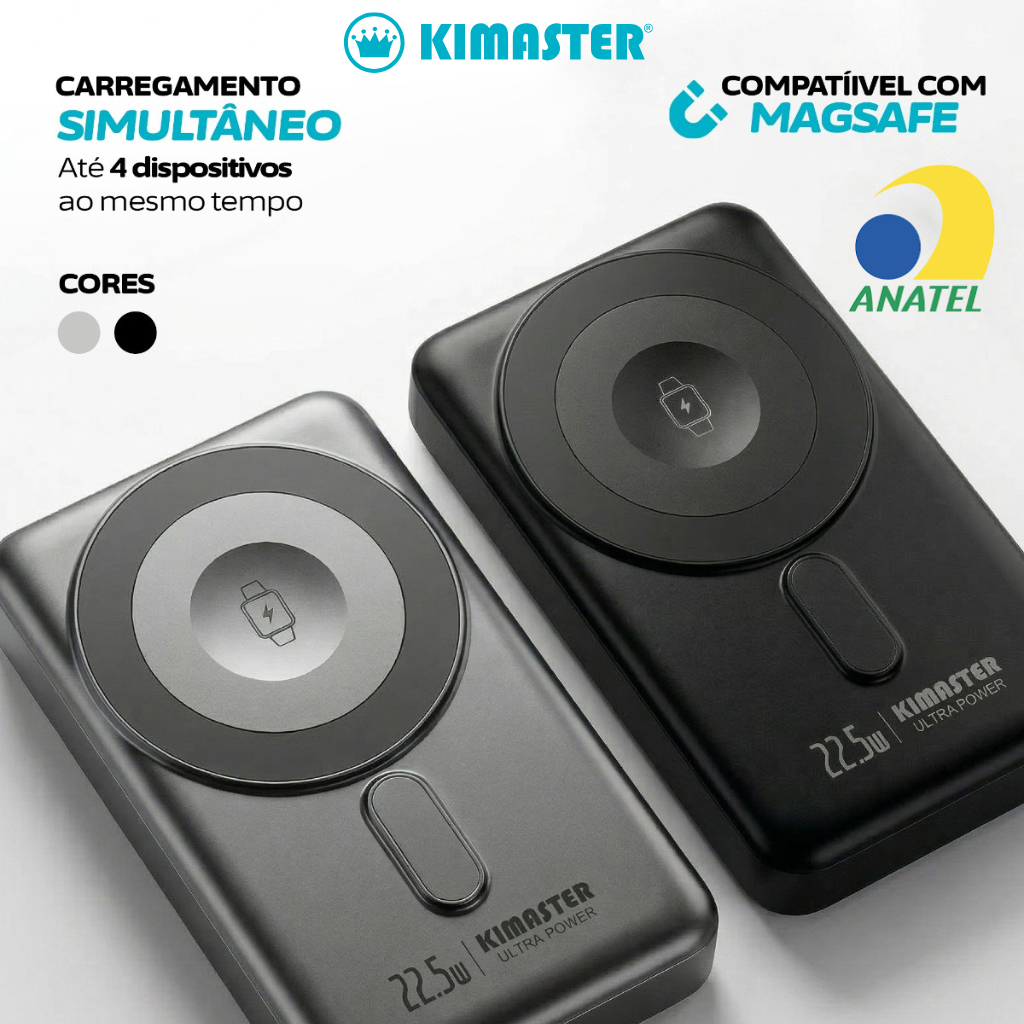 Carregador Portátil Power Bank Kimaster 10000mAh Carregamento Sem Fio Indução 4 Saídas e Cabo USB-C