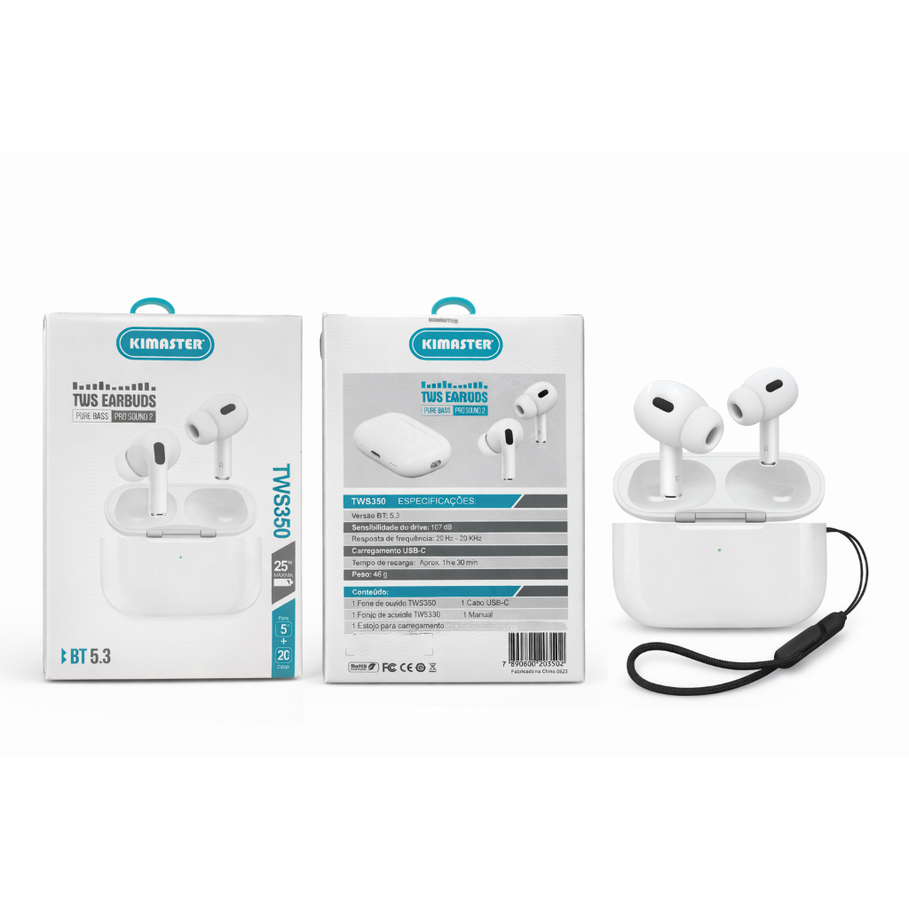 Fone Bluetooth Sem Fio Kimaster TWS350 Earbuds BT 5.3 com Estojo de Carregamento