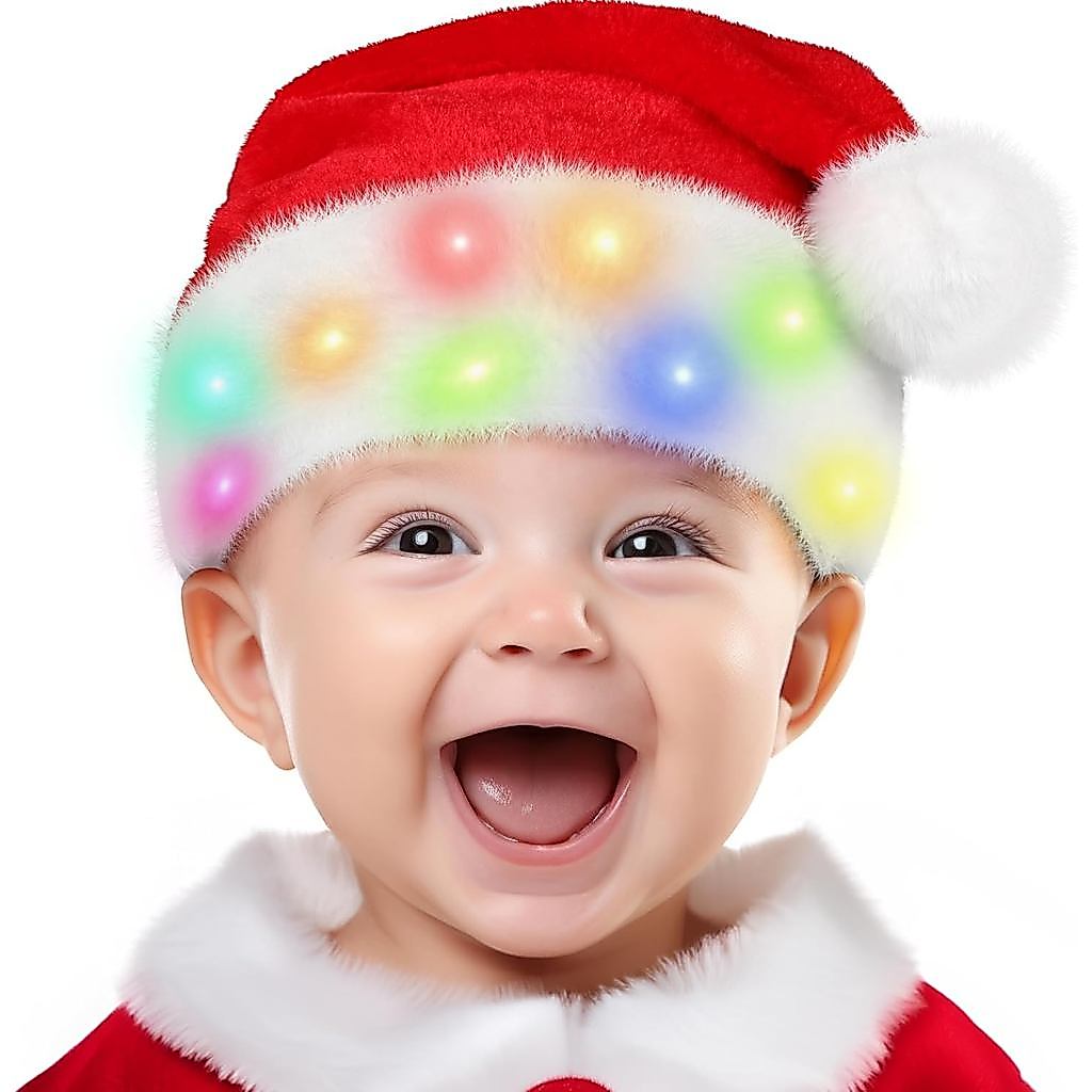 tgosomt Plush Santa Hat with LED Lights, Light up Christmas Hat with 8 Flash Modes for Adults, Kids & Babies