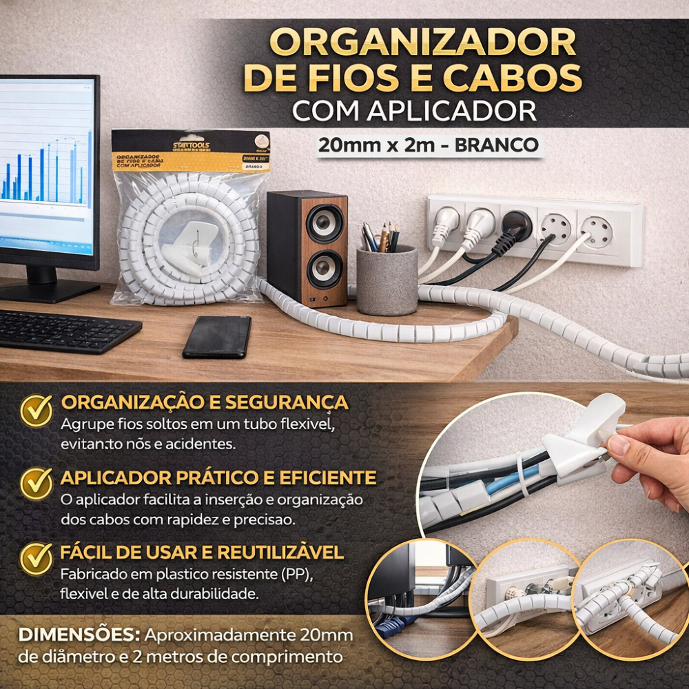 Organizador Fios Cabos Aplicador Adesivo 20mmx2m Branco Organização Prática Controle
