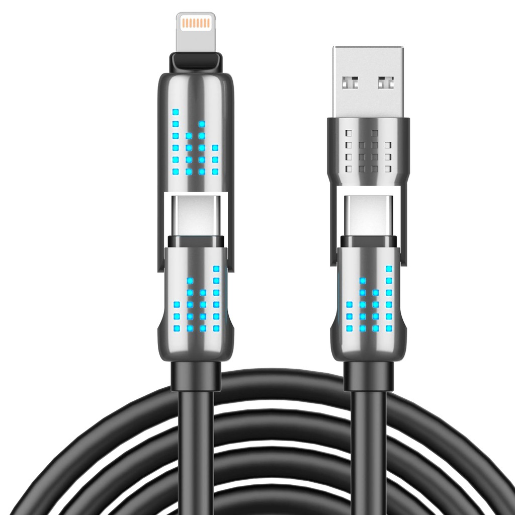 Cabo USB-C 4 em 1 de 240W, Carregamento Rápido PD 5A, Sincronização de Dados, USB-A, Tipo-C, Lightning, Alumínio, Compat