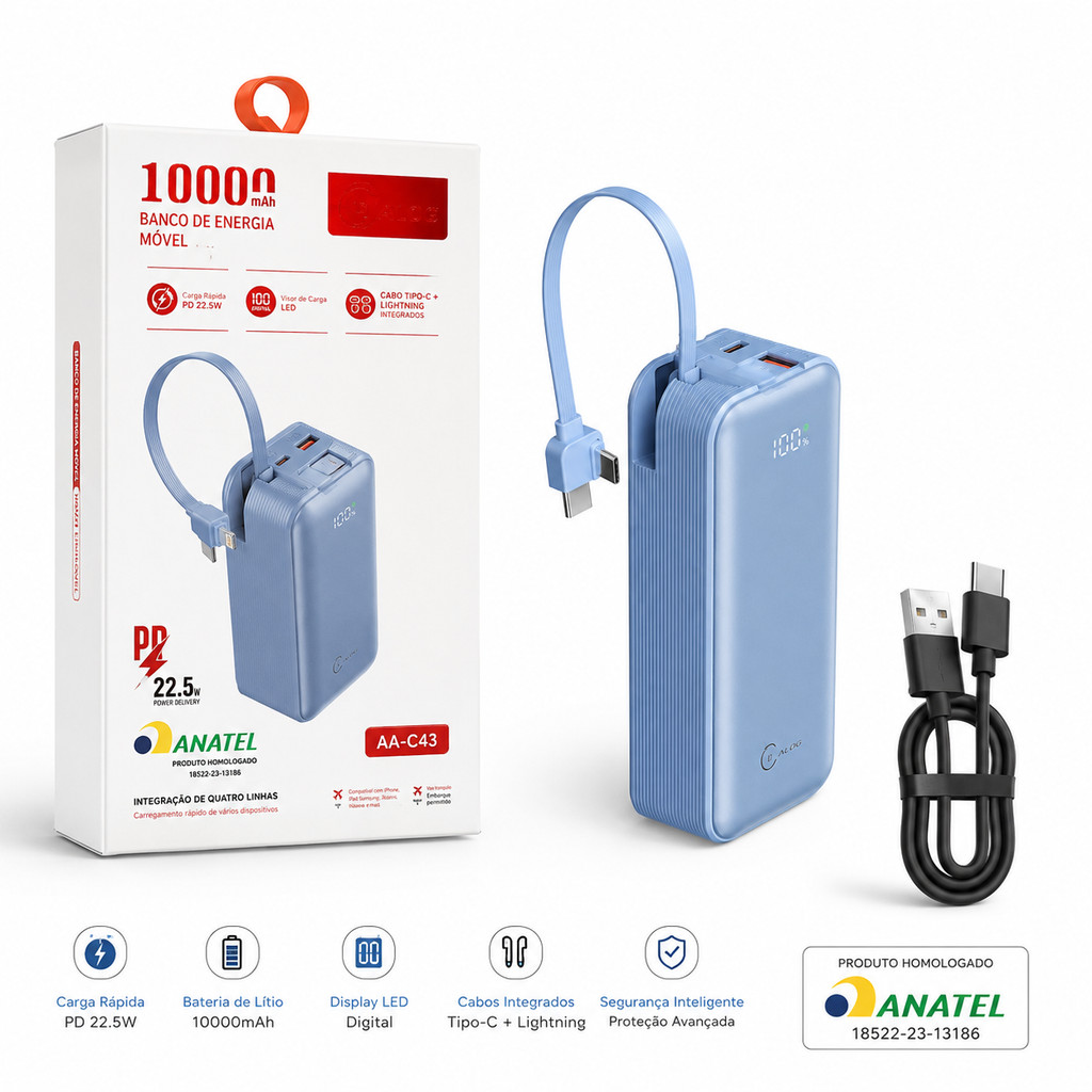 Power Bank 10000mAh Banco de Energia Portátil Carregamento Rápido Display LED Cabo Tipo C Lightning iOS Integrado Compat