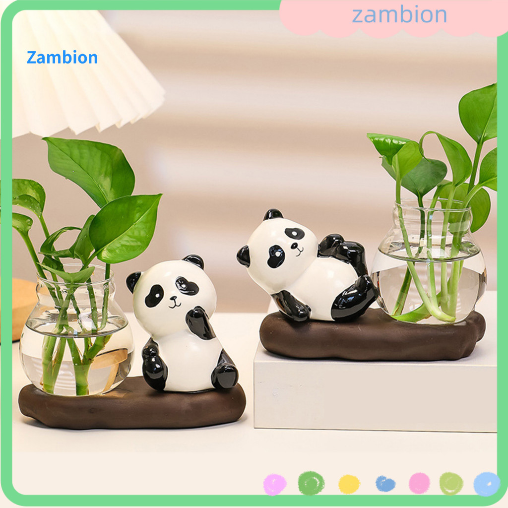 Panda Ceramic Ornament Cute Cartoon Statue Small Hydroponic Vase – Desktop Glass Planter Holder for Flowers and Plants