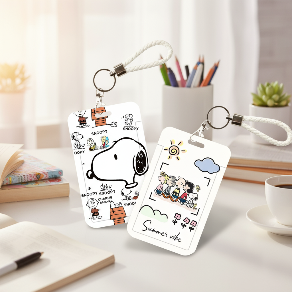 Suporte de Cartão de Ônibus de Cartoon Big Face Snoopy com Alça de Pescoço para Estudantes e Crianças