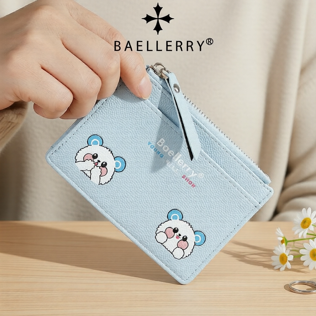 Porta-cartões Mini para Meninas - Estampa de Urso Cartoon, Couro PU Lichia, Bolsa de Moedas Portátil com Zíper