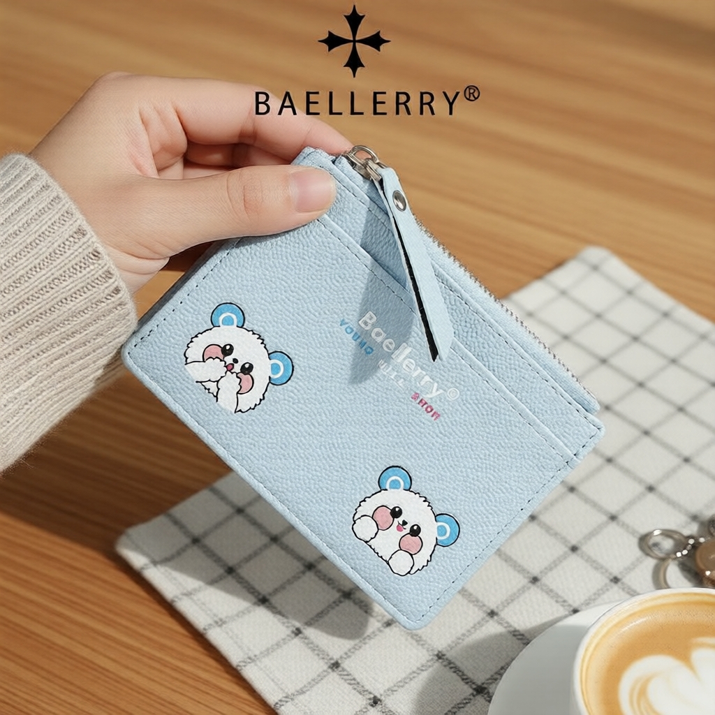 Carteira Fina de Urso Cartoon em Couro PU Textura Lichia, Mini Porta-Moedas com Divisórias para Cartões