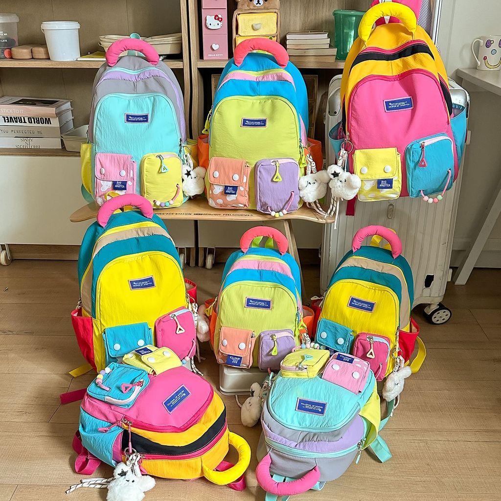 Costura colorida menina coração mochila estudante classe Commuter luz moda saco de escola dopamina All-Match mochila
