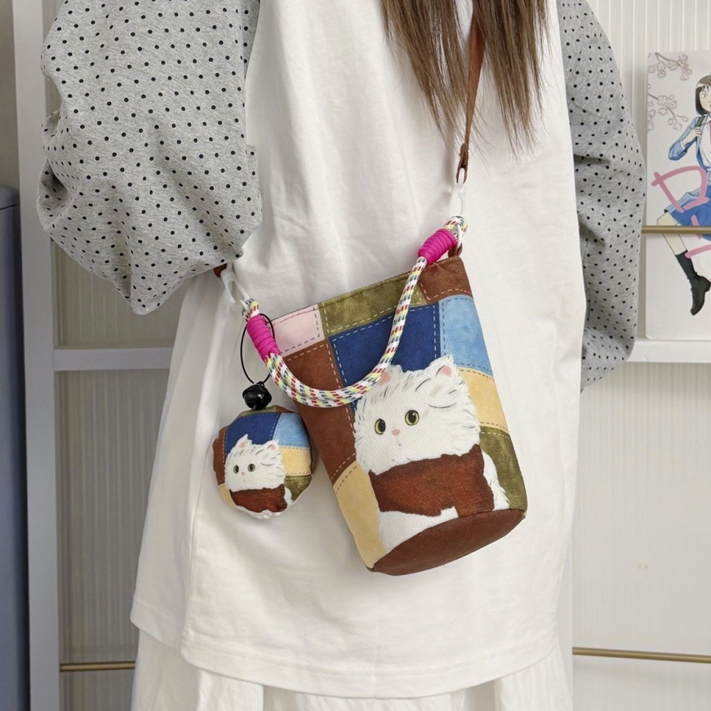 Gato bonito retalhos saco do mensageiro Mori menina estilo Mini saco do telefone móvel estudante classe Commuter bolsa d