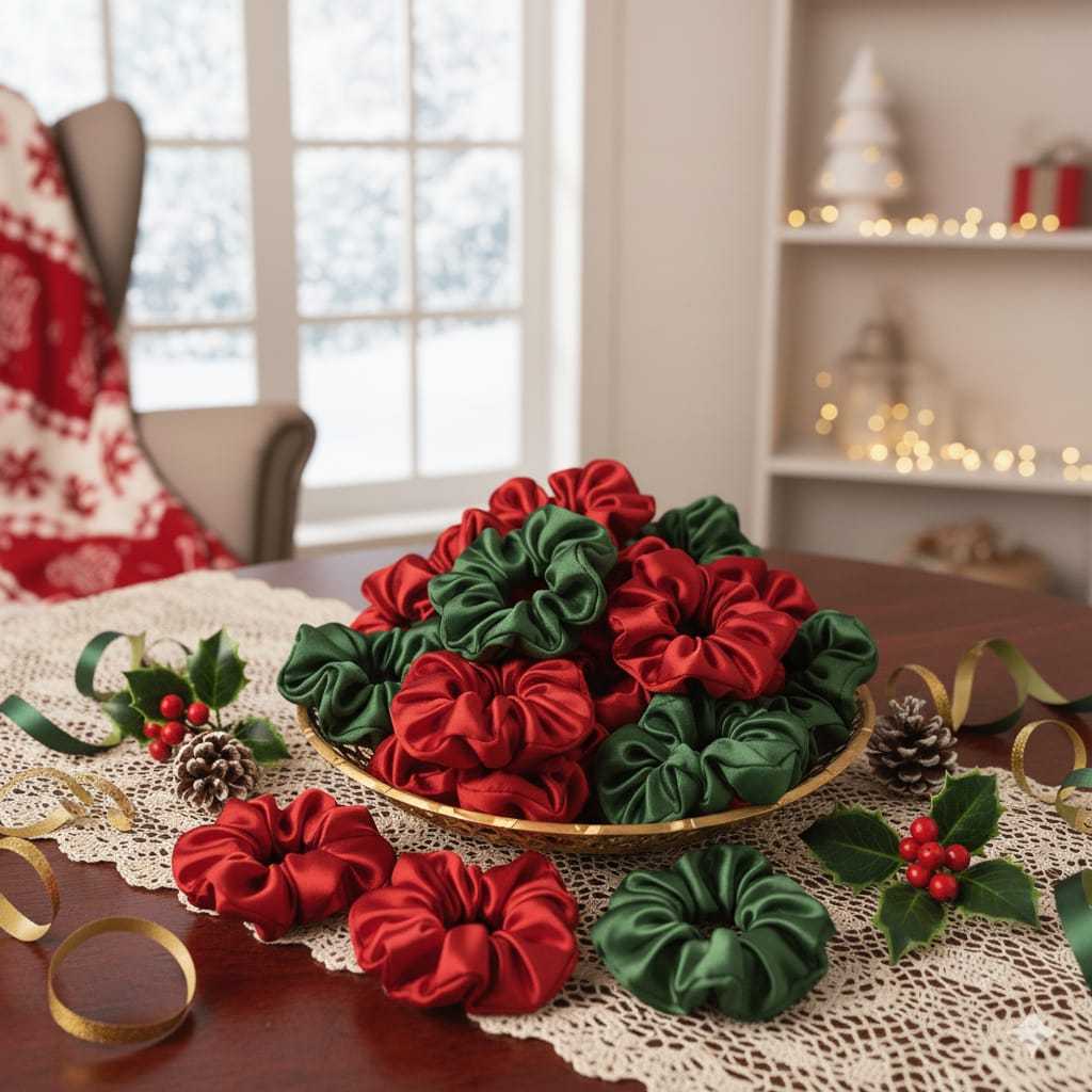 Scrunchies Natalinos em Cetim – Pacote com Cores Vermelho e Verde