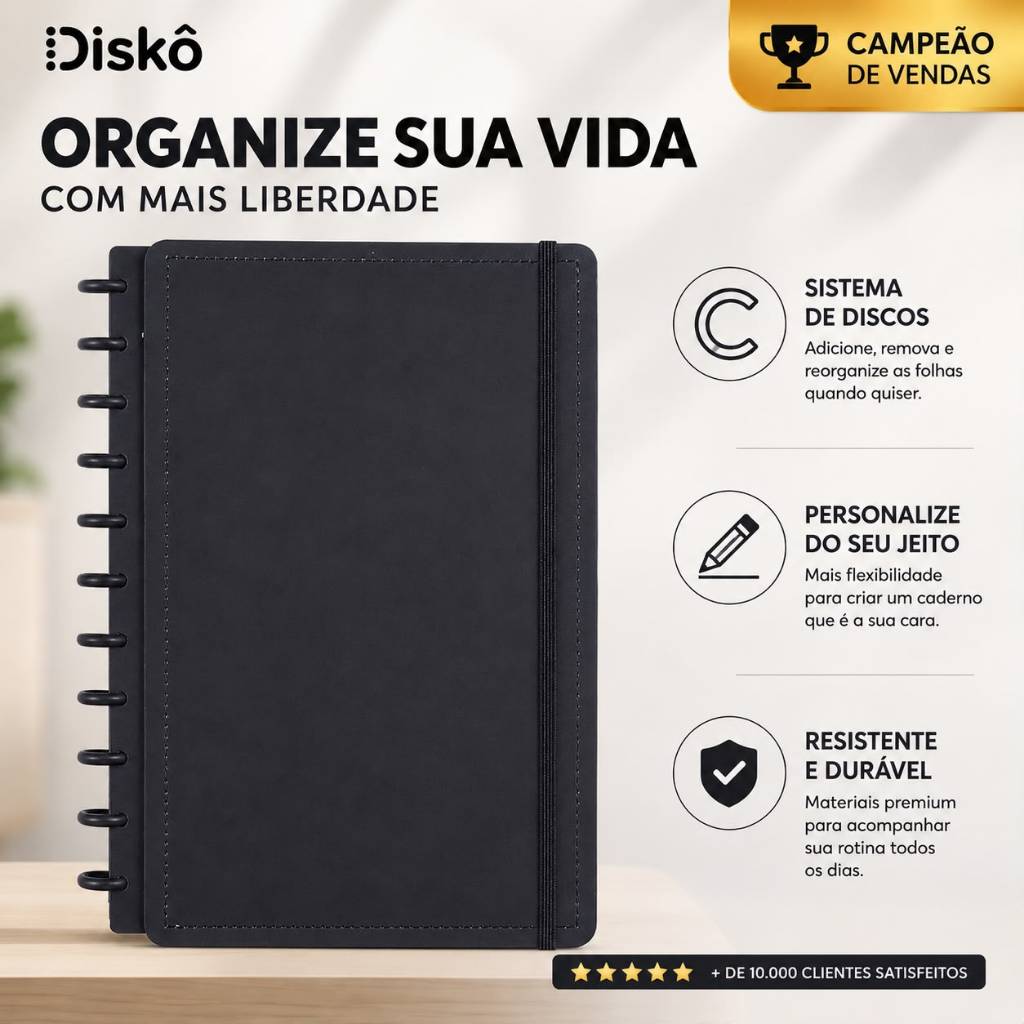Caderno de Disco Grande Disko Black G Capa Dura 80 Folhas Reposicionável Planner Faculdade Trabalho
