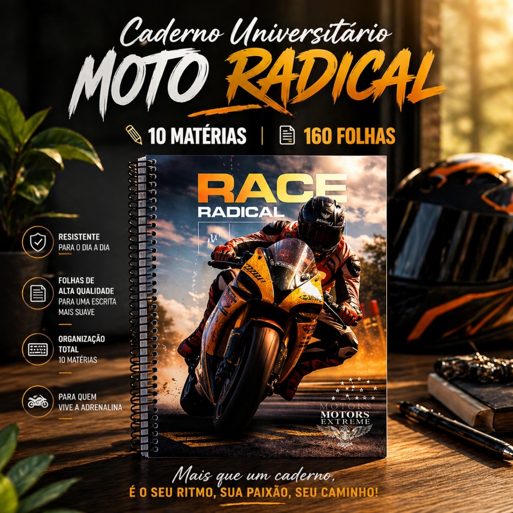 Caderno Universitário  Moto Radical 160 Folhas Capa Dura 10 Matérias  Espiral Escolar Faculdade Masculino