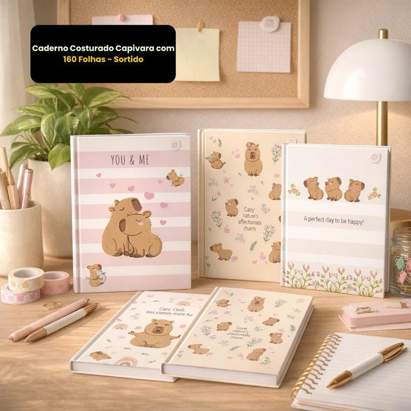 Caderno Capivara Brochura Costurado 160 Folhas Decoradas e Adesivos Capa Dura Papelaria Achadinhos